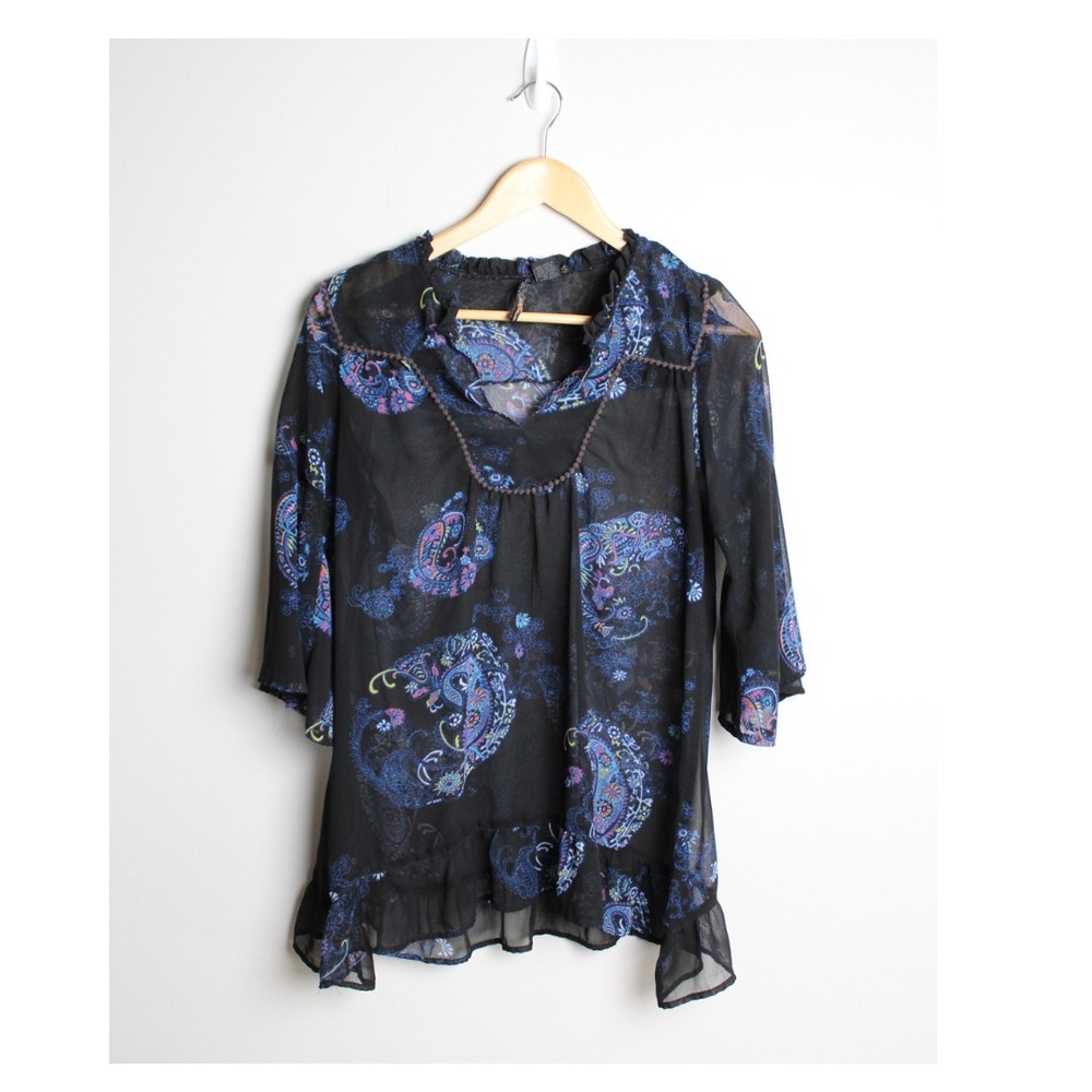 Apollo Bohemian Paisley Sheer Black/Purple Shirt Womens Size L - Picture 1 of 6